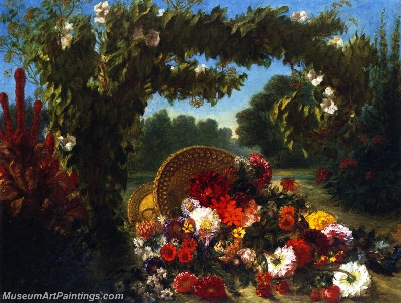 A Basket of Flowers Overturned in a Park Painting