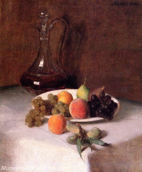 A Carafe of Wine and Plate of Fruit on a White Tablecloth Painting