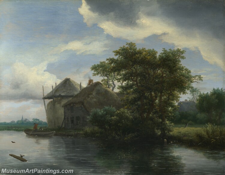 A Cottage and a Hayrick by a River Painting