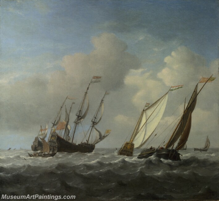 A Dutch Ship a Yacht and Smaller Vessels in a Breeze Painting