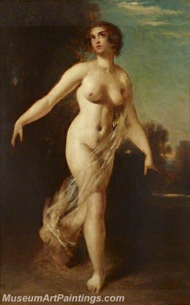 A Female Nude Striding in a Landscape Painting