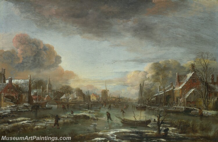 A Frozen River by a Town at Evening Painting