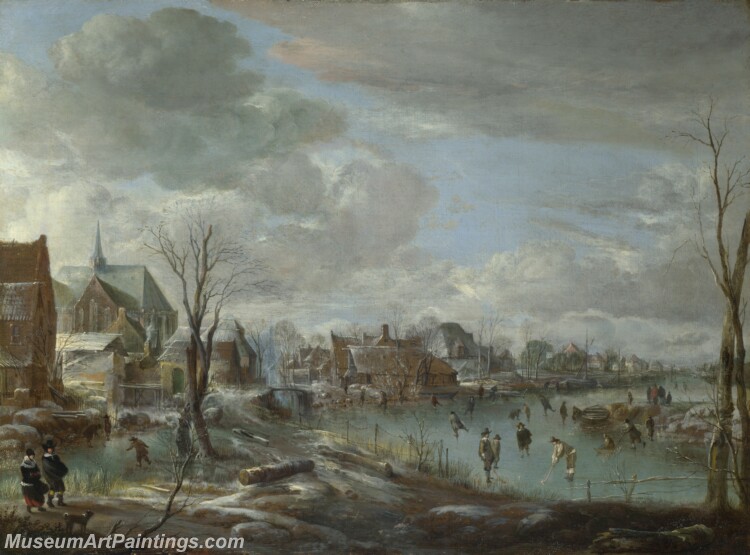 A Frozen River near a Village with Golfers and Skaters Painting