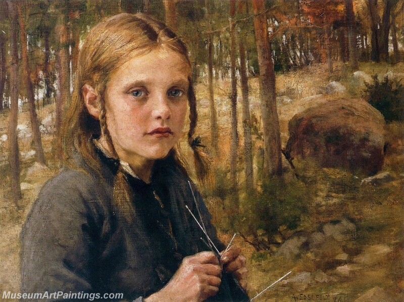 A Girl Knitting Socks Painting