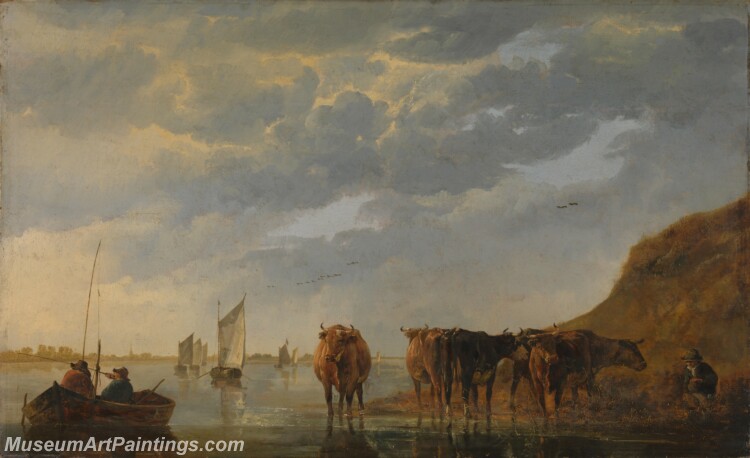 A Herdsman with Five Cows by a River Painting