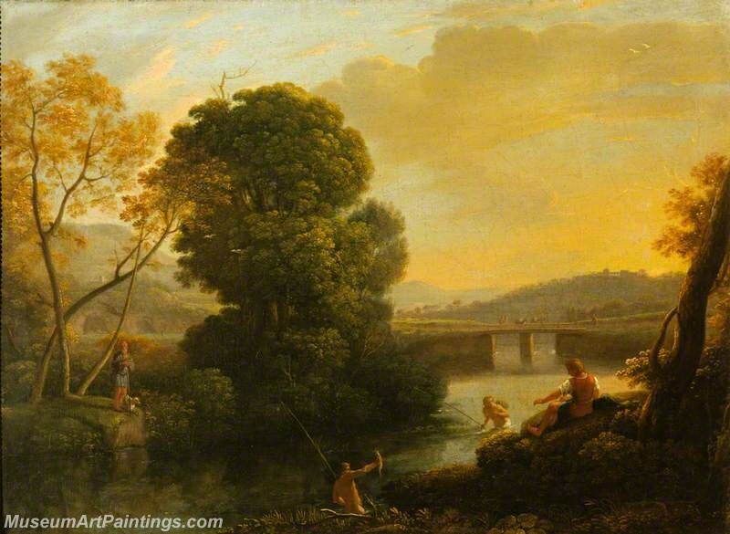 A Pastoral River Landscape with Fishermen Painting