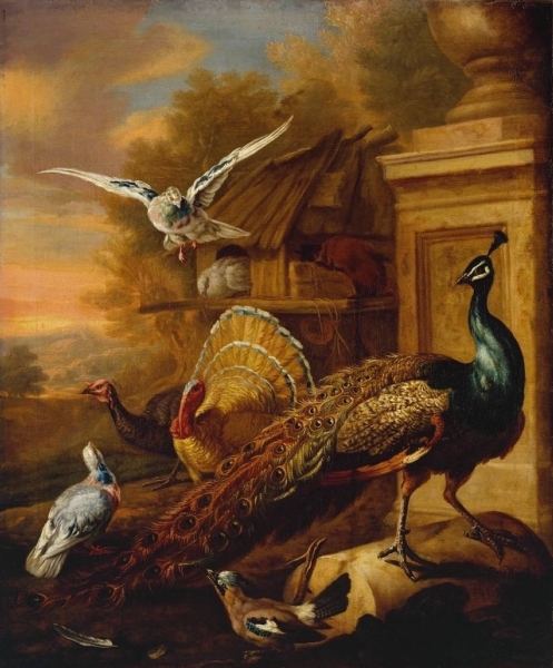 A Peacock and Other Birds in a Landscape by Marmaduke Cradock