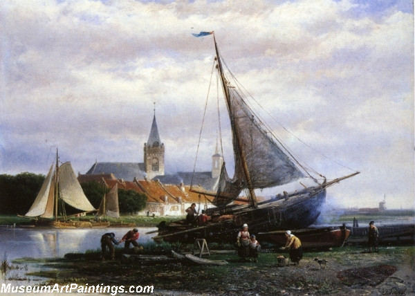 A River Landscape with a Fishing Boat on a Shipyard a Village Beyond