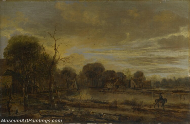 A River Landscape with a Village Painting