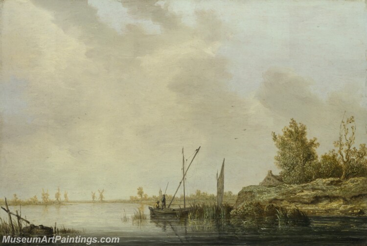 A River Scene with Distant Windmills Painting