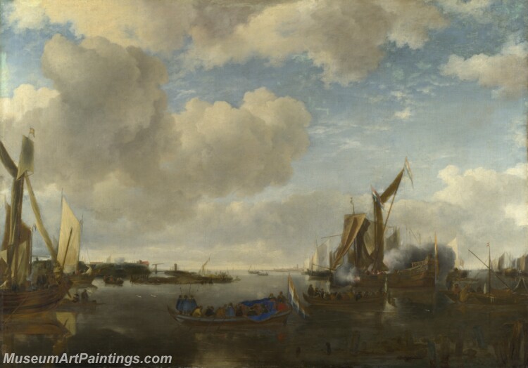 A River Scene with a Dutch Yacht firing a Salute Painting