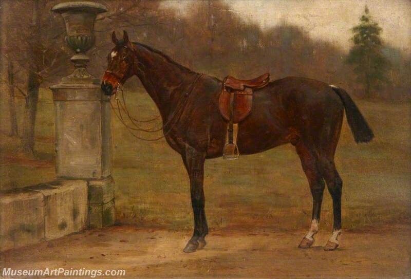 A Saddled Dark Bay Horse next to an Urn in a Garden Painting