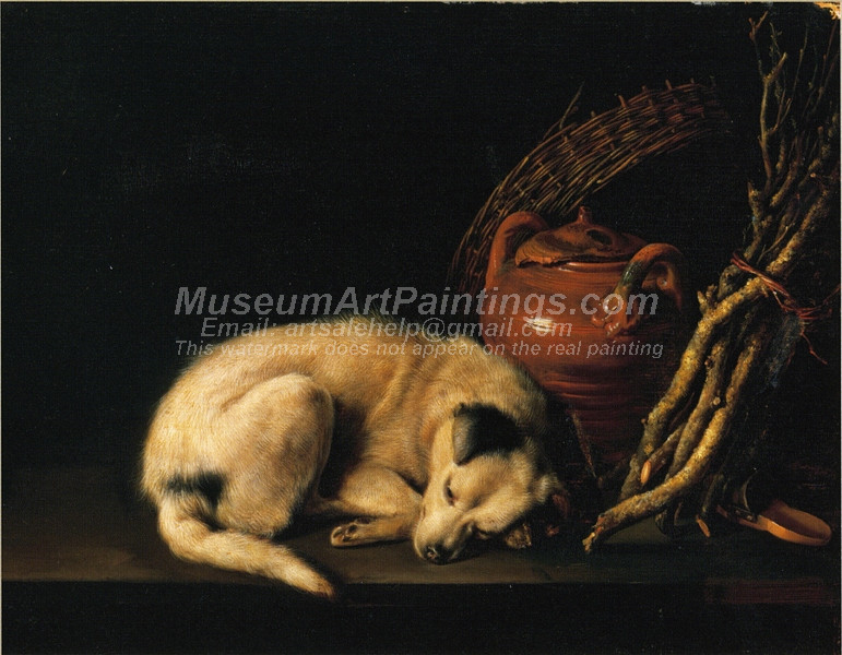 A Sleeping Dog Beside a Terracotta Jug by Gerrit Dou