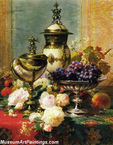 A Still Life with Roses Grapes and A Silver Inlaid Nautilus Shell Painting
