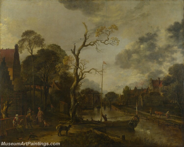 A View along a River near a Village at Evening Painting