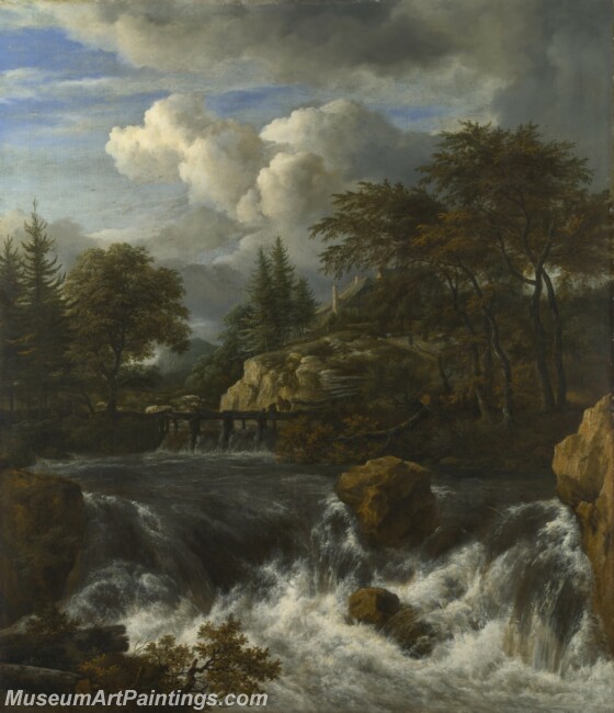 A Waterfall in a Rocky Landscape Painting