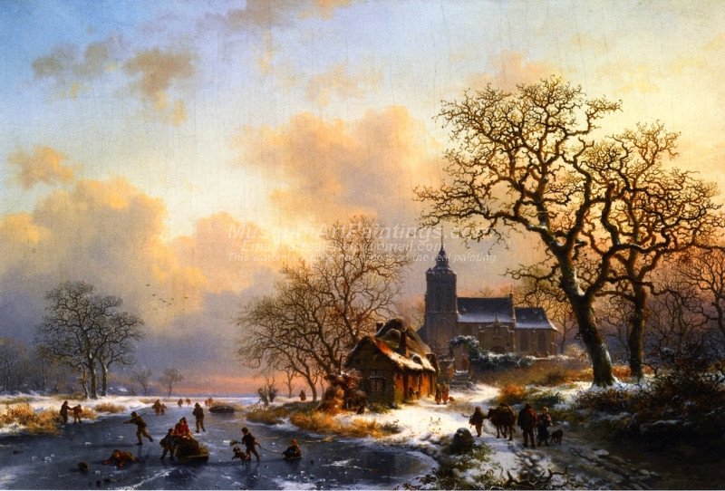 A Winter Landscape with Skaters on a Frozen River by Frederk Marinus Kruseman