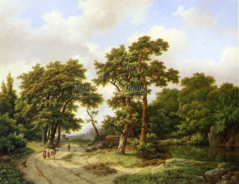 A Wooded Landscape with Travelers and A Horseman Conversing on a Track along a Pond