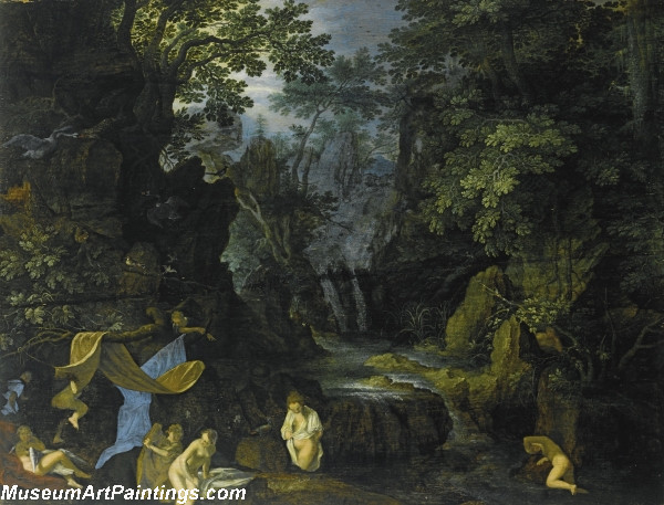 A forest landscape with bathing nymphs and Leda and the swan