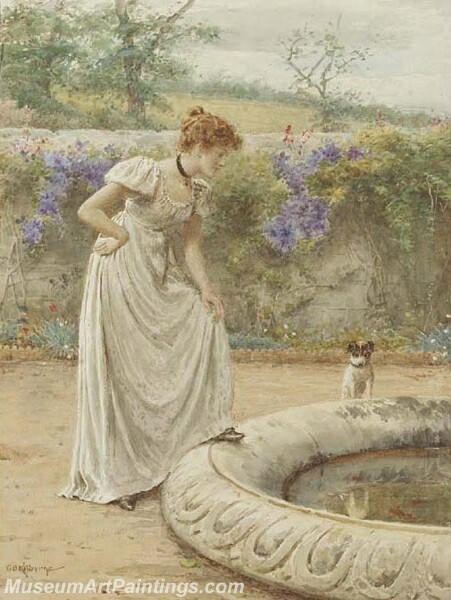 A lady and her dog looking into a fish pond Painting