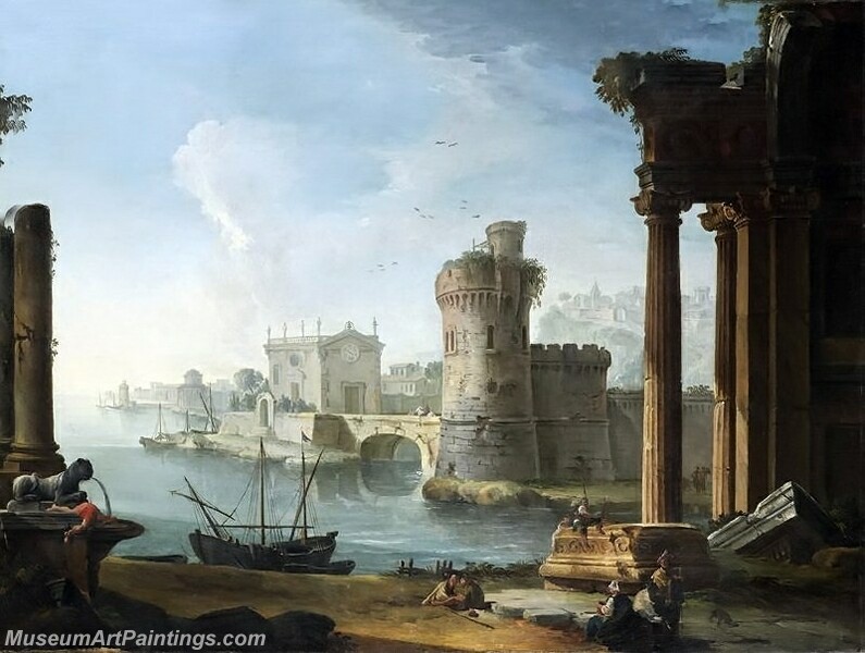 A ruined Ionic Portico and a Tower by an Inlet a Port and a hilltop Town beyond Painting