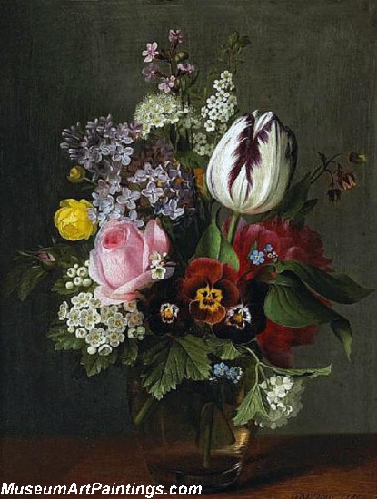 A still life with a rose a tulip pansies and other flowers in a glass vase