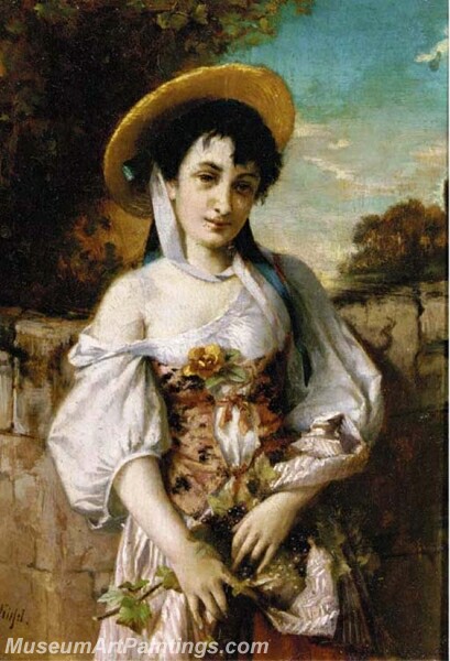 A young beauty with harvested grapes in her apron Painting