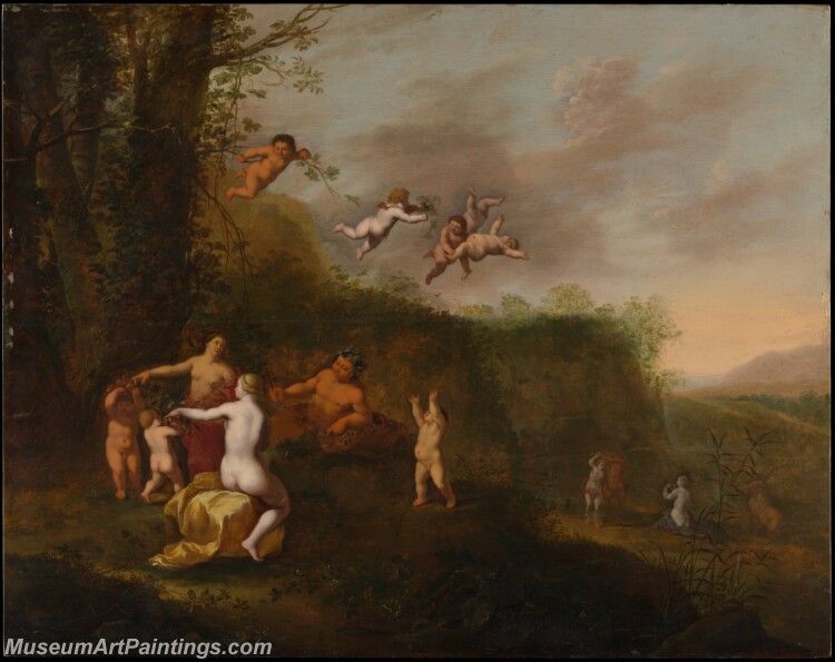 Abraham van Cuylenborch Bacchus and Nymphs in a Landscape Painting