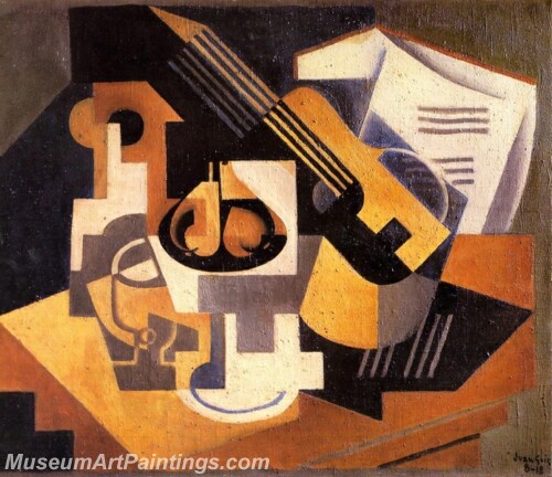 Abstract Painting Guitar and Fruit Bowl on a Table