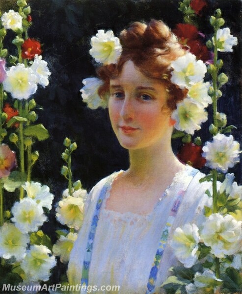 Among the Hollyhocks Painting