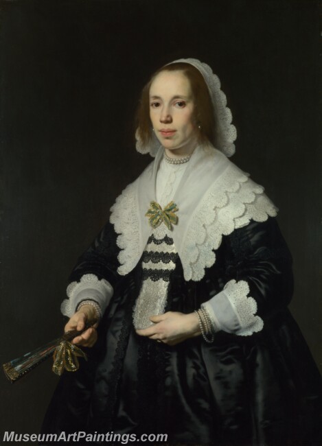 Bartholomeus van der Helst Portrait of a Lady in Black Satin with a Fan Painting