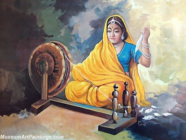 Beautiful Indian Girl Paintings Spinning Charkha