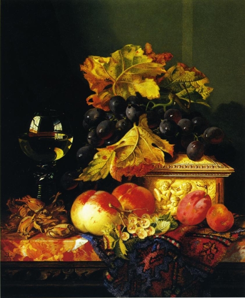 Black Grapes on a Carved Ivory Box Peaches Whitecurrants and Hazelnuts with a Hoch Glass on a Marble Ledge