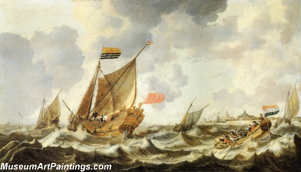 Boat Painting A Rowing Vessel approaching a Zeeland States Yacht Firing a Salute