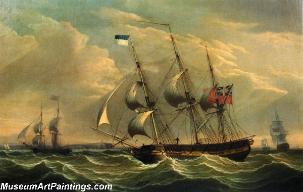 Boat Painting Full Rigged Ships and a Brig off the Coast of England