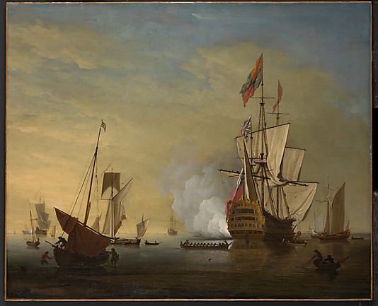 Boat Paintings An English Ship with Sails Loosened Firing a Gun