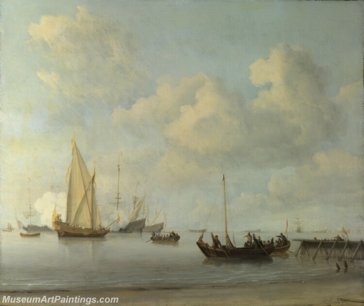 Boats pulling out to a Yacht in a Calm Painting