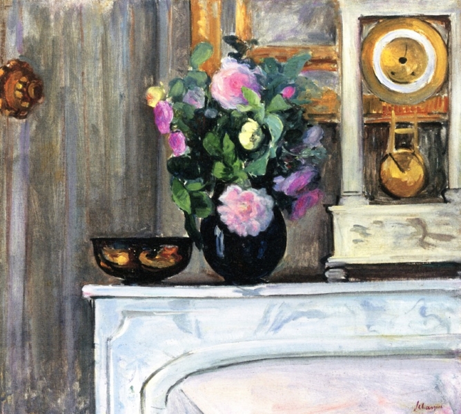 Bouquet of Flowers on a Mantlepiece by the Lake by Henri Lebasque