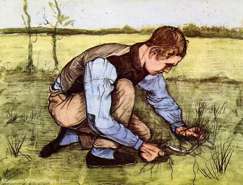 Boy Cutting Grass with a Sickle Painting