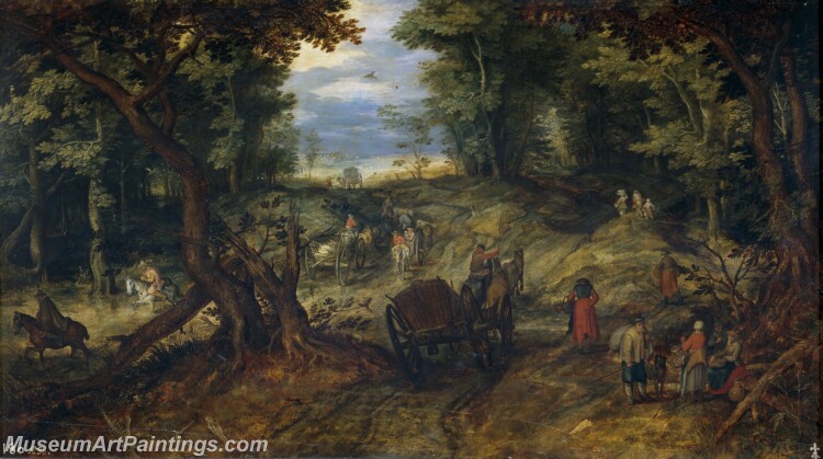 Brueghel el Viejo Jan Bosque con carretas atravesando un arroyo y jinetes Painting