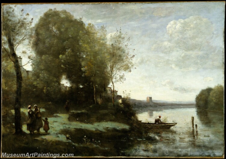 Camille Corot River with a Distant Tower Painting