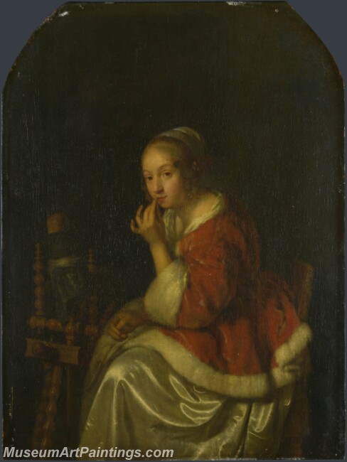 Caspar Netscher A Lady at a Spinningwheel Painting