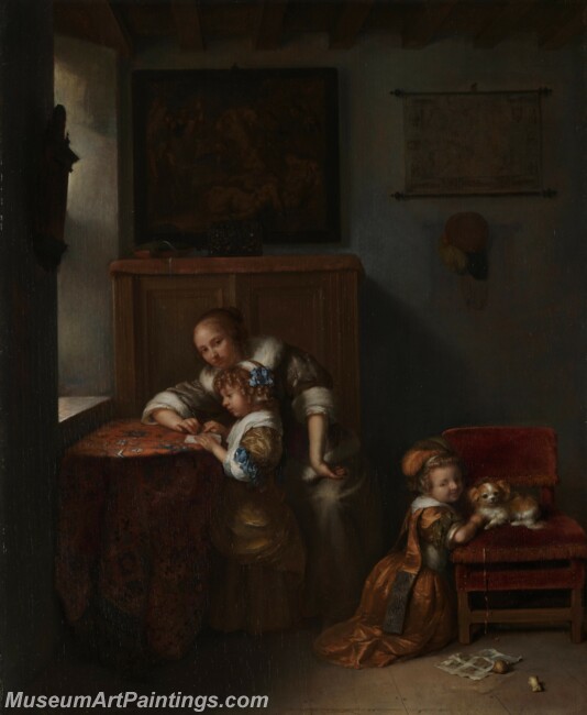 Caspar Netscher A Lady teaching a Child to Read Painting