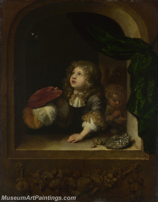 Caspar Netscher Two Boys blowing Bubbles Painting