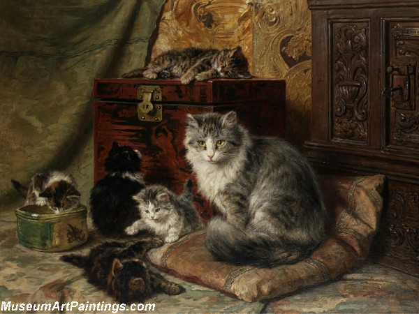 Cat Paintings A cat and her kittens at play
