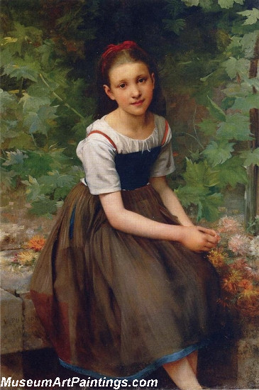 Children Paintings Young Girl with Flowers