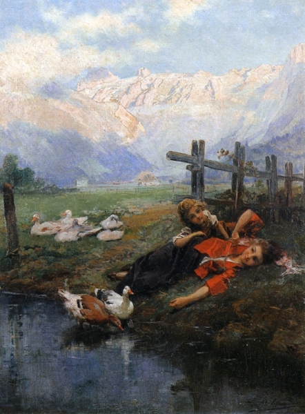 Children and Geese by a Pond by Daniel Hernandez