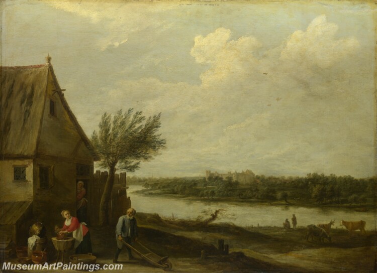 David Teniers the Younger A Cottage by a River with a Distant View of a Castle Painting