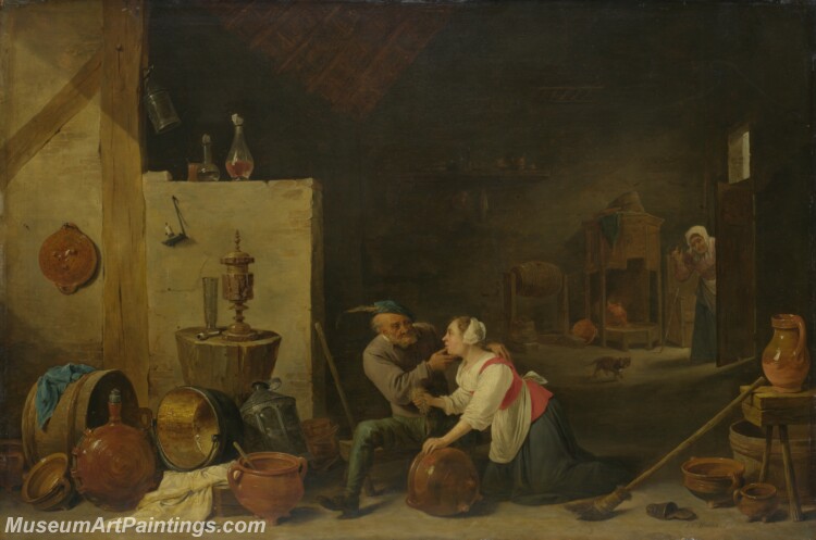 David Teniers the Younger An Old Peasant caresses a Kitchen Maid in a Stable Painting