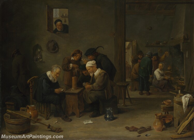 David Teniers the Younger Two Men playing Cards in the Kitchen of an Inn Painting